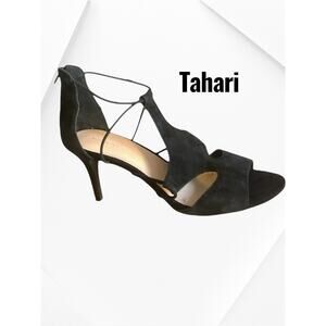 Tahari Women Sandals Size 11M Suede Black Strappy Heels Dara Zip Up Back